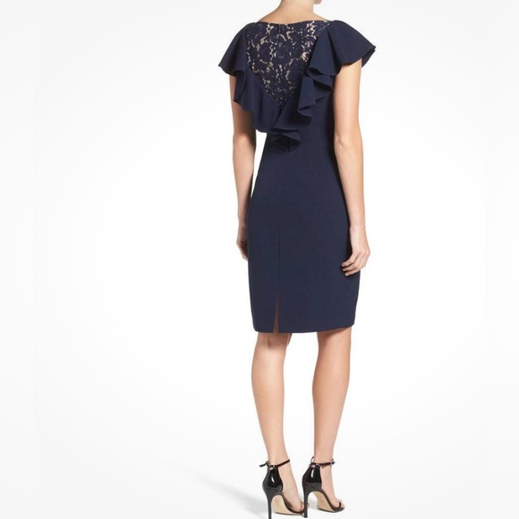 Eliza J Navy Off-Shoulder Ruffle-sleeve Sheath Knee Length Dress Women's 4‎ EUC - Picture 2 of 12